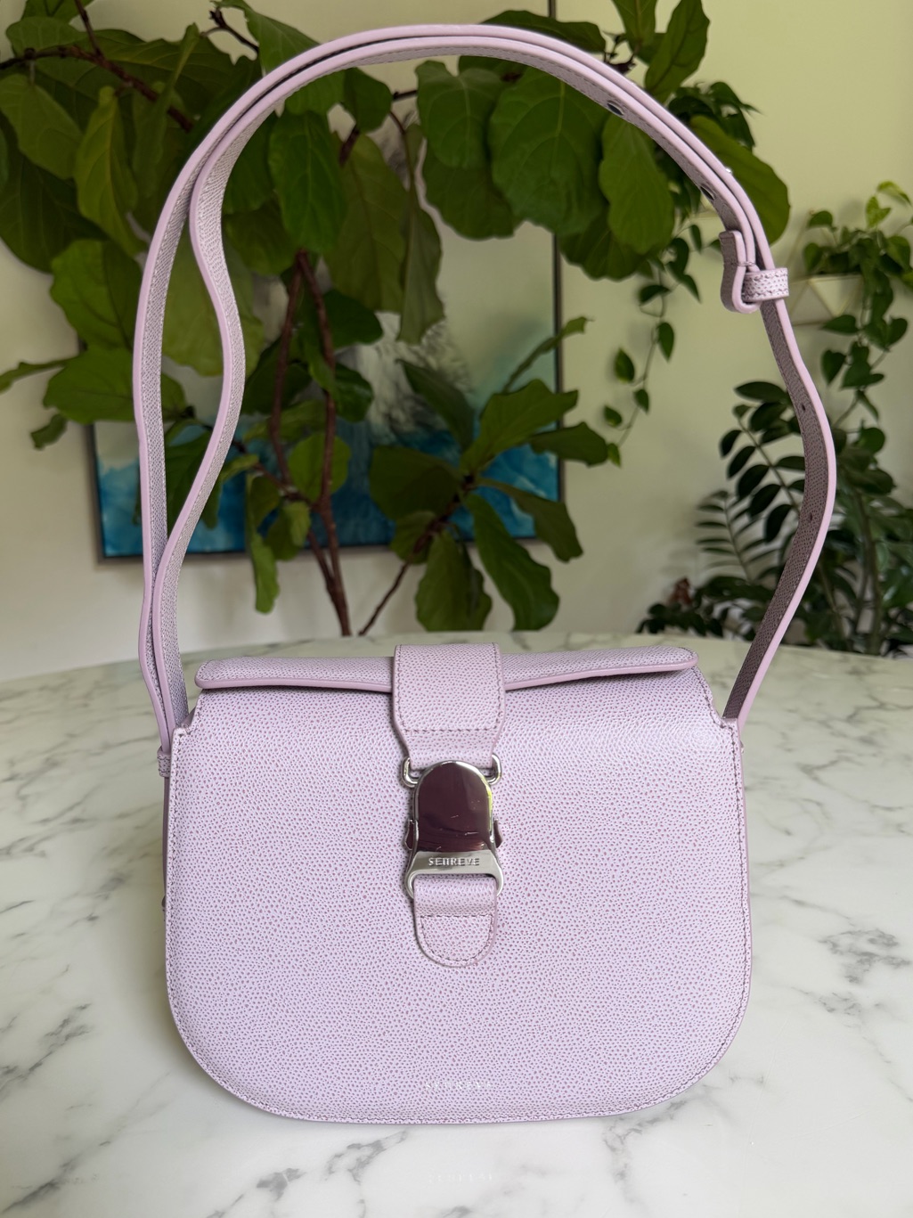Senreve Cadence Crossbody Shoulder Bag Lavender Purple Pebbled Leather & Silver